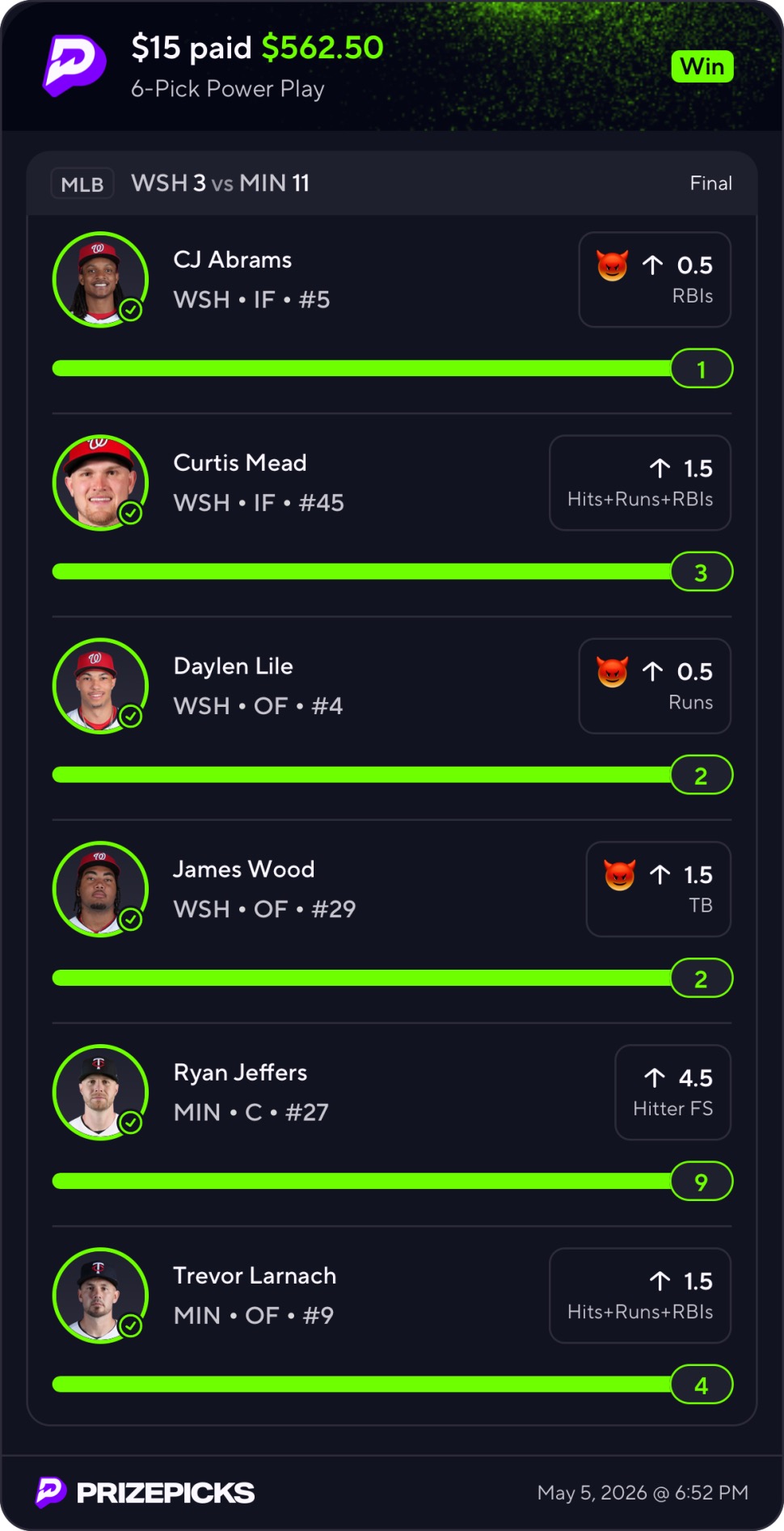 PrizePicks MLB 6-pick winning slip — $15 paid $562.50