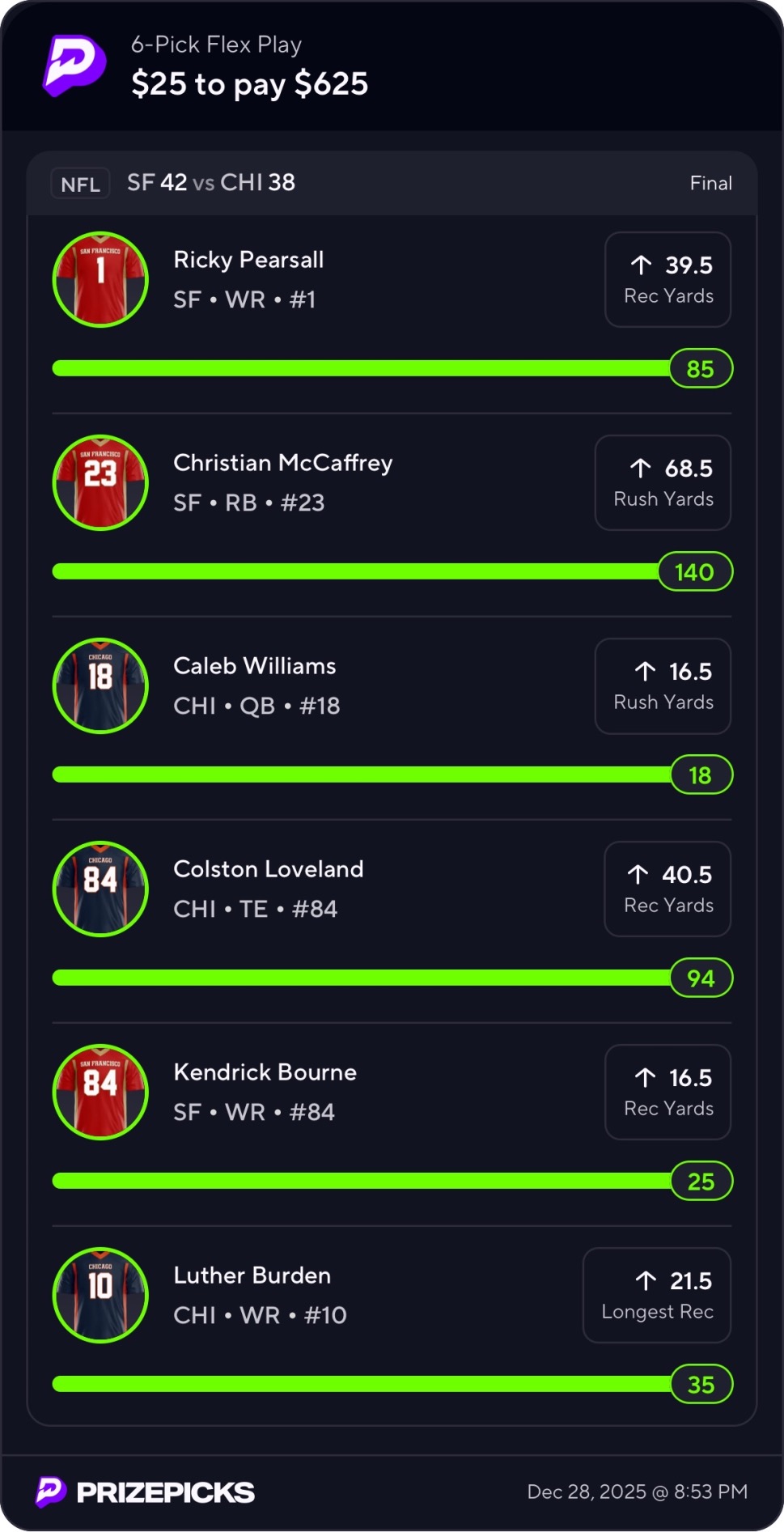 PrizePicks NFL 6-pick winning slip — $25 to pay $625