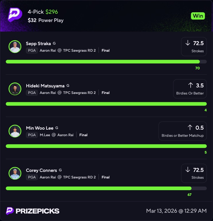PrizePicks PGA 4-pick winning slip — $32 paid $296