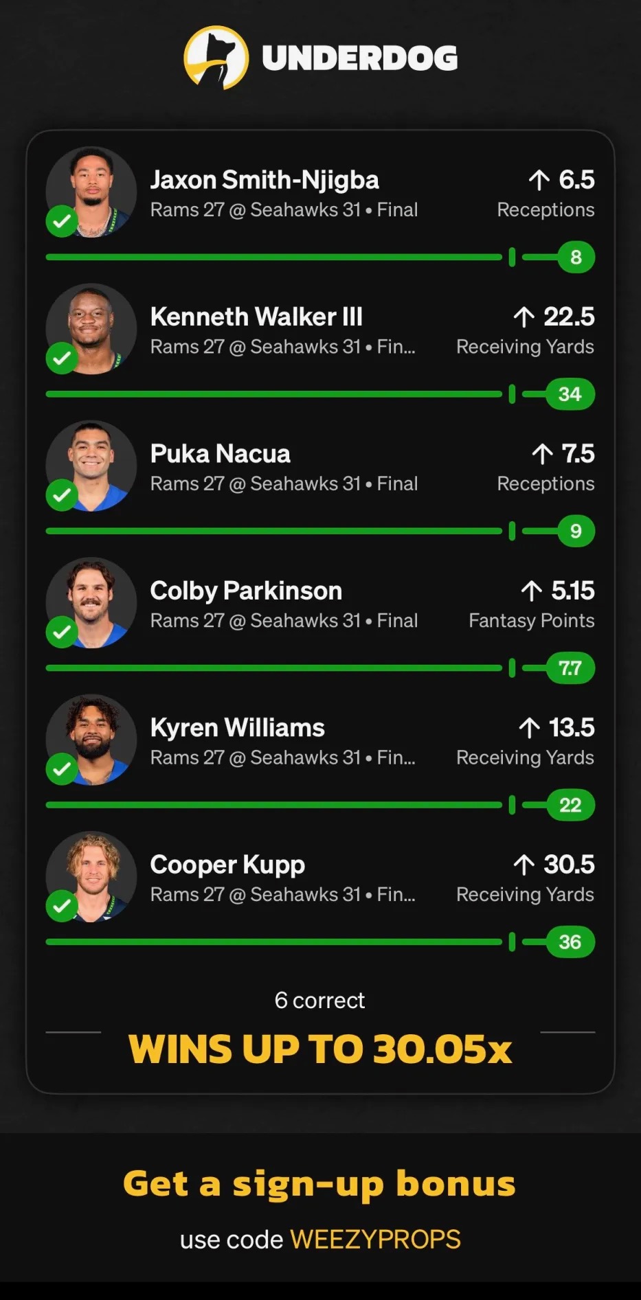 Underdog winning slip — wins up to 30.05x